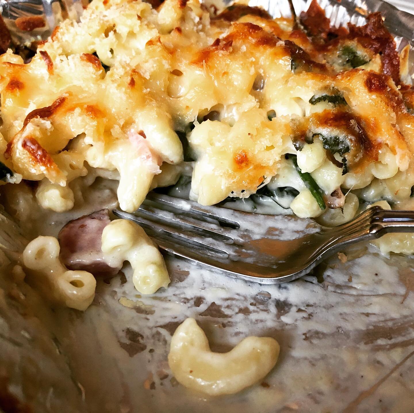 #macandcheese #macaroni #bechemel #cheese #classic #trysomethingnew.  My trial have succeed and I now have this wonderful macaroni and cheese with porchetta and spinach in or freezer section!  It serves  two but I ate it all myself:) #notsorry.