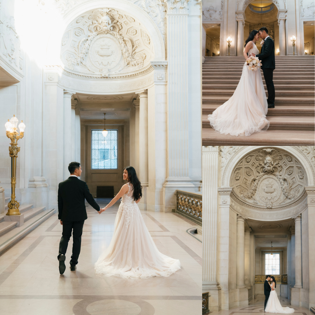 Couple taking elopement photos at city hall early morning