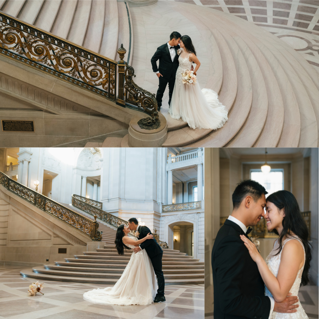 Couple taking elopement photos at sf city hall