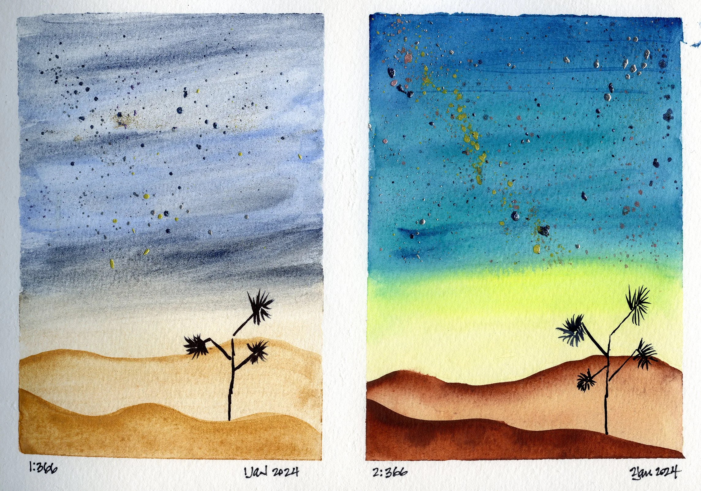 Two watercolor paintings of desert landscapes at night, featuring solitary black trees and starry skies with splattered gold and silver paint. The left painting has a predominantly grayish sky, while the right has a vibrant blue and green sky.
