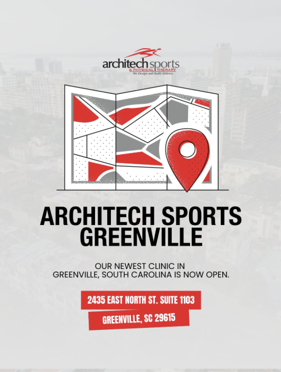 Social media graphic announcing Architech Sports Greenville location with map icon, Greenville address, and clinic branding.