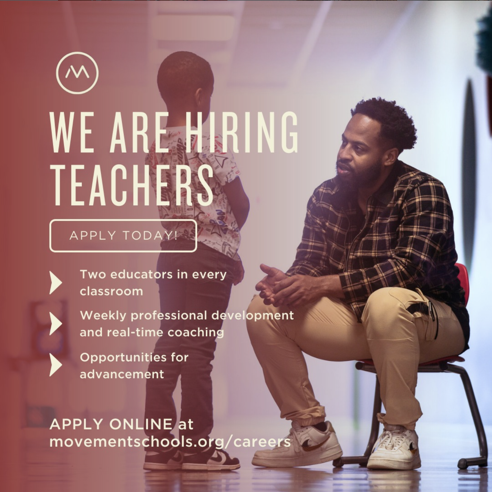 Movement Schools recruitment social post featuring “We Are Hiring Teachers” headline, apply call-to-action, and photo of teachers in a classroom setting.