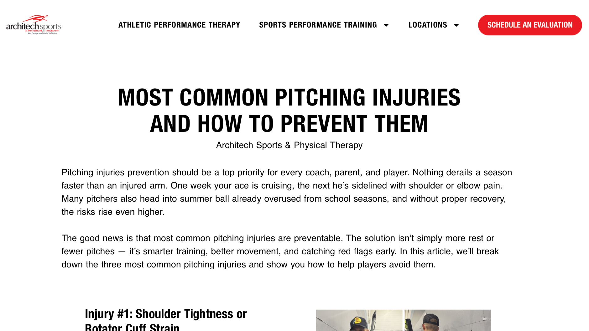 Architech Sports & Physical Therapy website article titled “Most Common Pitching Injuries and How to Prevent Them,” featuring educational content for baseball players, parents, and coaches.
