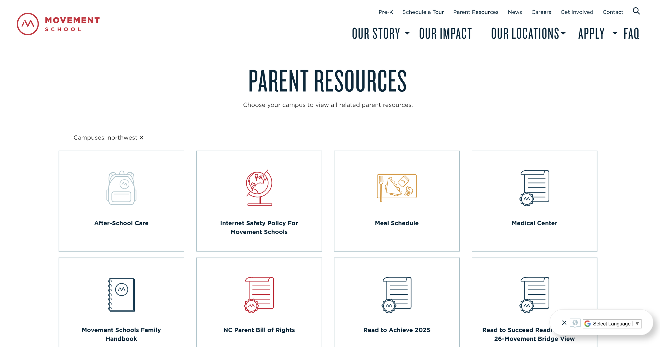 Movement Schools Parent Resources webpage with icons and links for after-school care, internet safety policy, meal schedule, medical center, family handbook, and parent rights.
