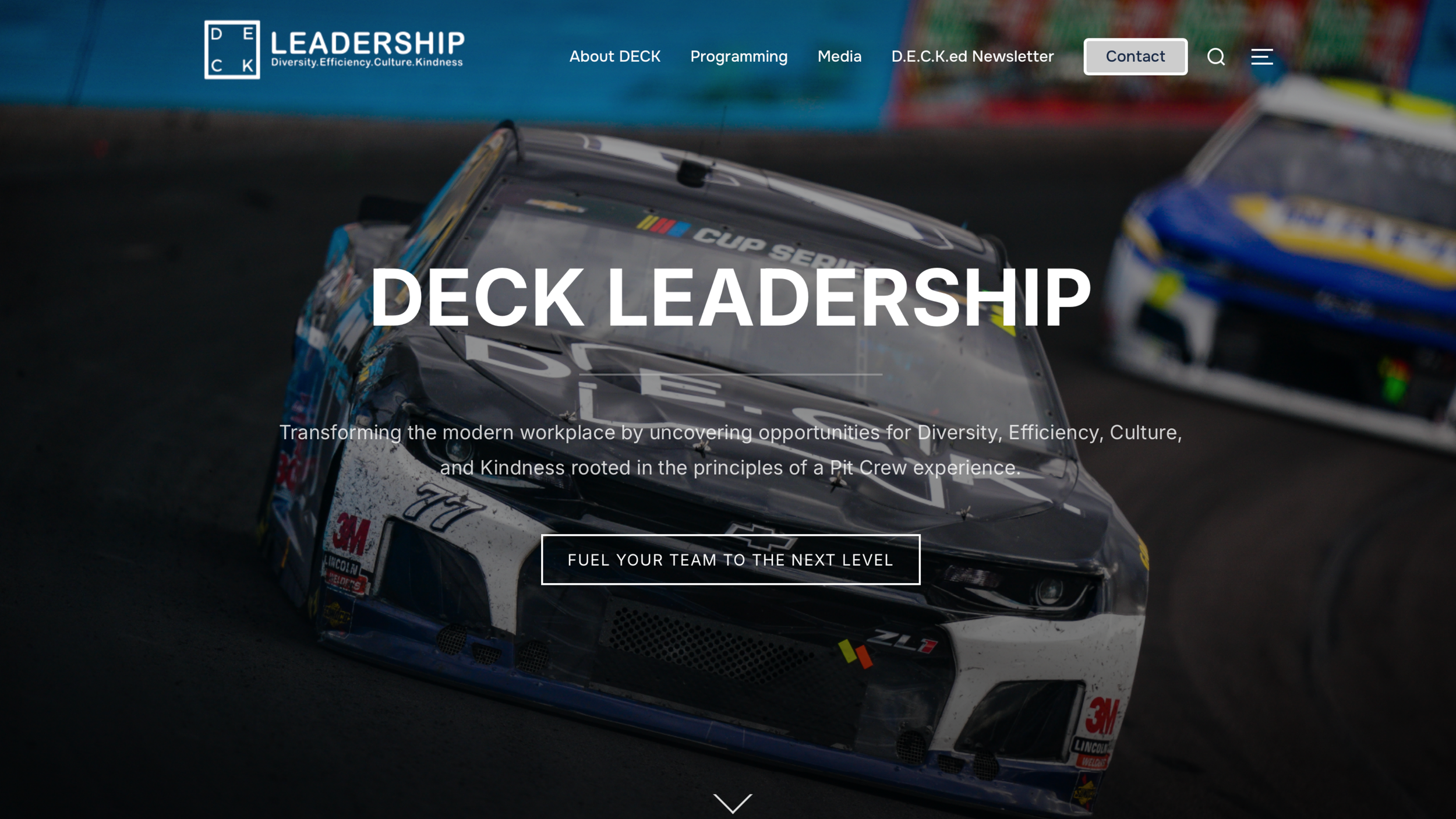 DECK Leadership website homepage featuring a hero banner with “DECK Leadership” headline and navigation for programming, media, newsletter, and contact.