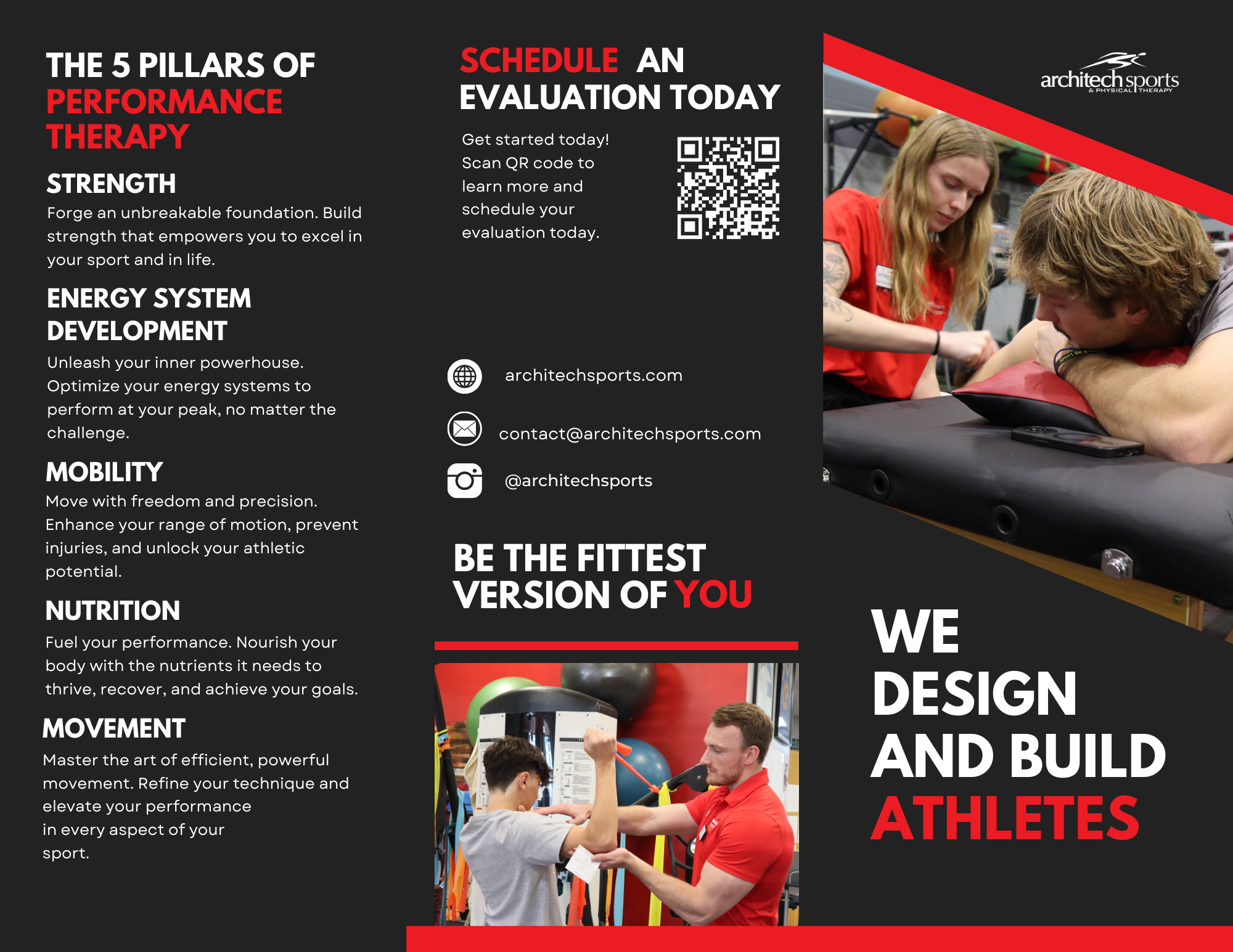 Tri-fold brochure design for Architech Sports & Physical Therapy promoting sports performance training, including performance pillars, contact information, QR code, and athlete training images.