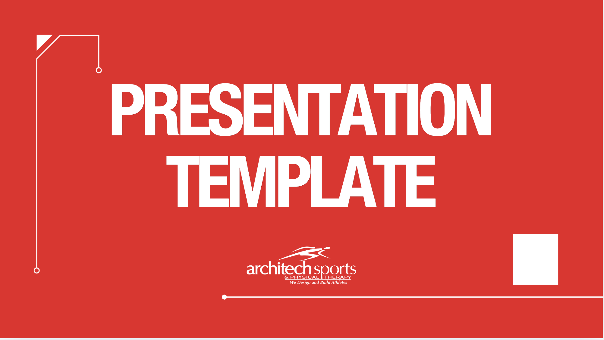Presentation template cover slide for Architech Sports & Physical Therapy featuring a bold red background and “Presentation Template” headline.