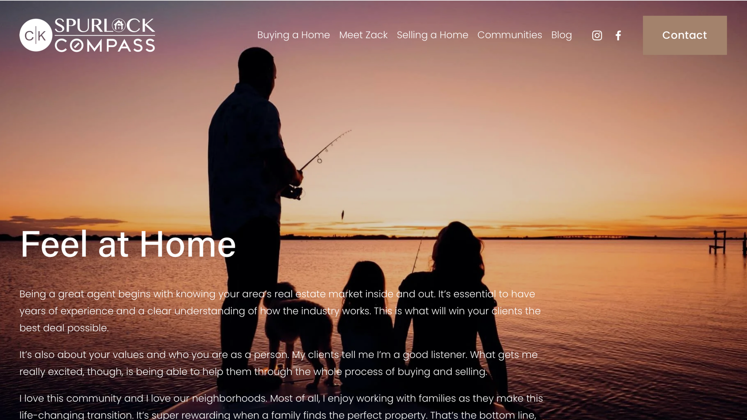 Zack-Spurlock Compass realtor website homepage featuring a sunset hero image and “Feel at Home” headline with navigation for buying, selling, communities, and blog.