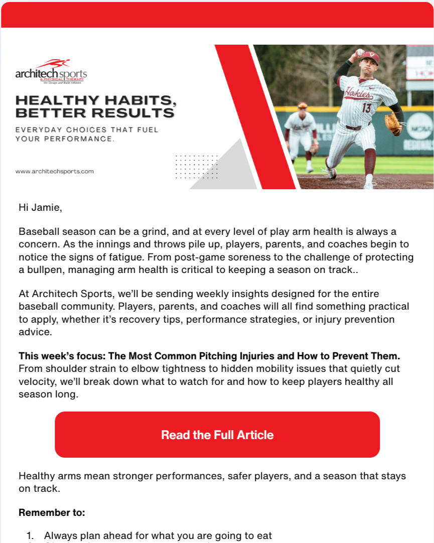 Email marketing design for Architech Sports & Physical Therapy featuring “Healthy Habits, Better Results” header and a baseball athlete image with a call-to-action button.