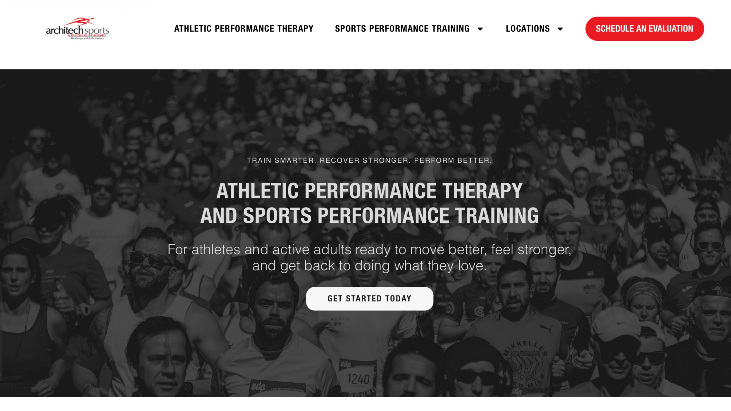 Architech Sports & Physical Therapy website homepage showing a hero banner for Athletic Performance Therapy and Sports Performance Training with a “Get Started Today” call-to-action button.