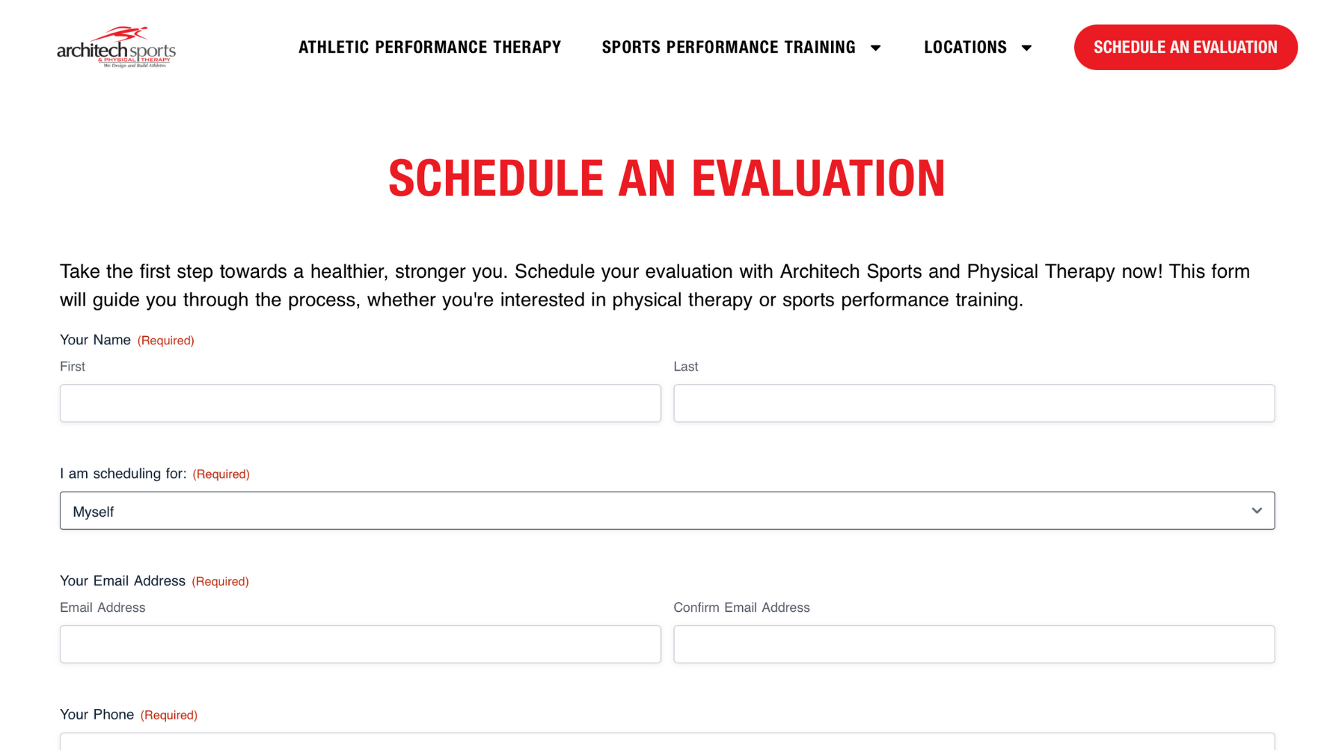 Architech Sports & Physical Therapy online “Schedule an Evaluation” form page with fields for name, email, and phone number for scheduling physical therapy or sports performance training.