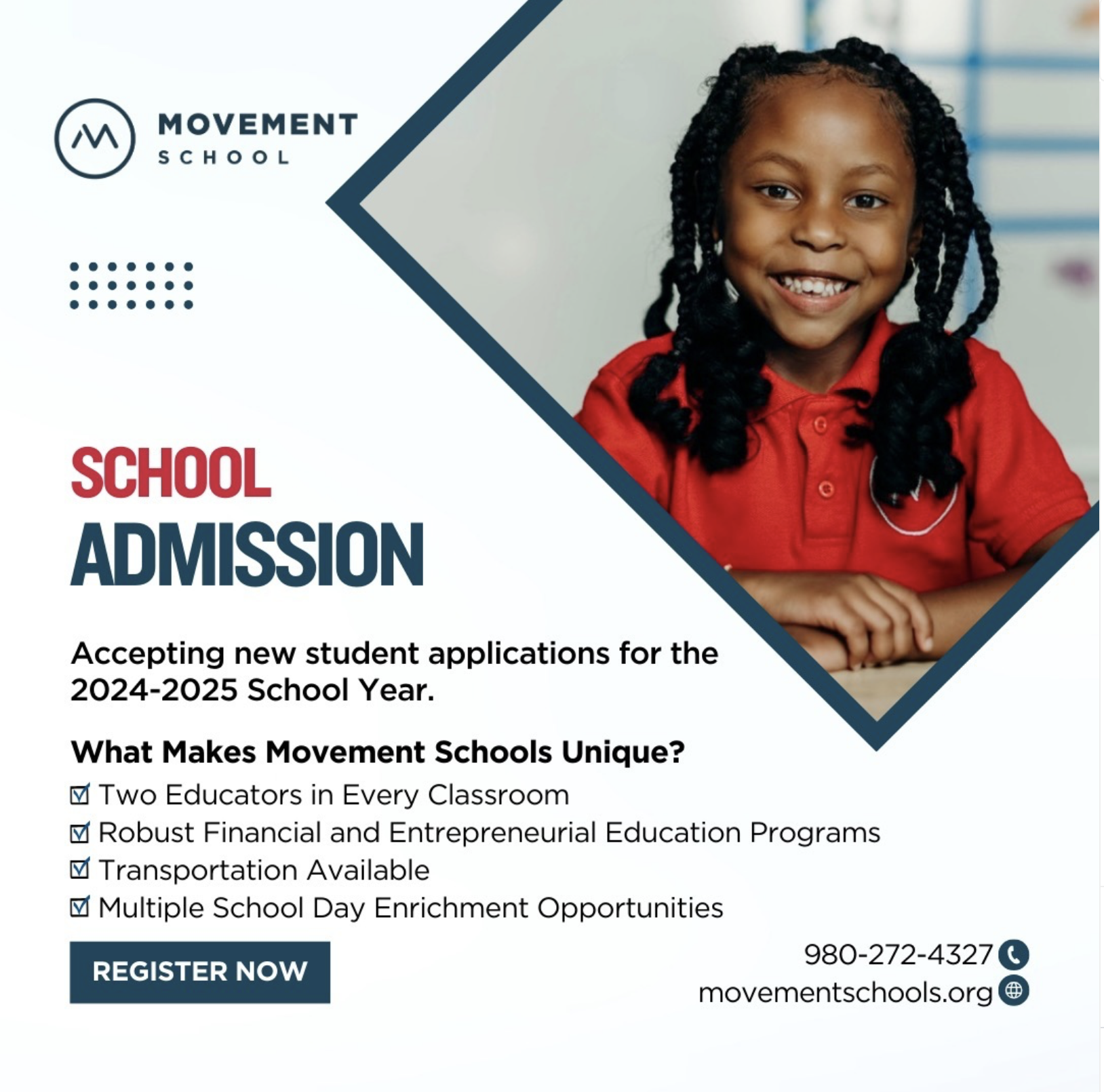 Movement Schools social media graphic promoting school admission with student photo, “School Admission” headline, and registration call-to-action.