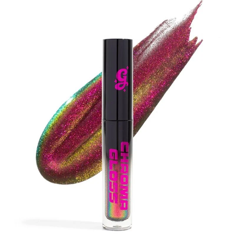 Lip gloss tube with black cap, pink text reading 'CHIC LIP GLOSS,' and a colorful, glittery lip gloss swatch in pink, yellow, and green hues behind it.