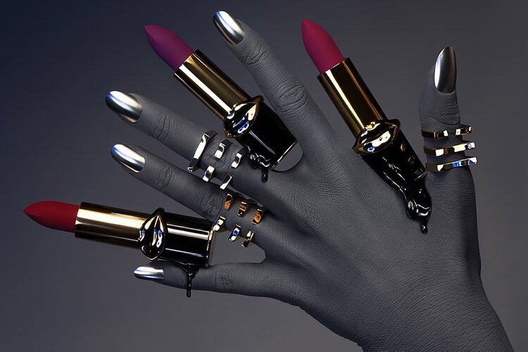 A gray hand wearing multiple rings, holding three lipsticks with red shades, against a dark background.