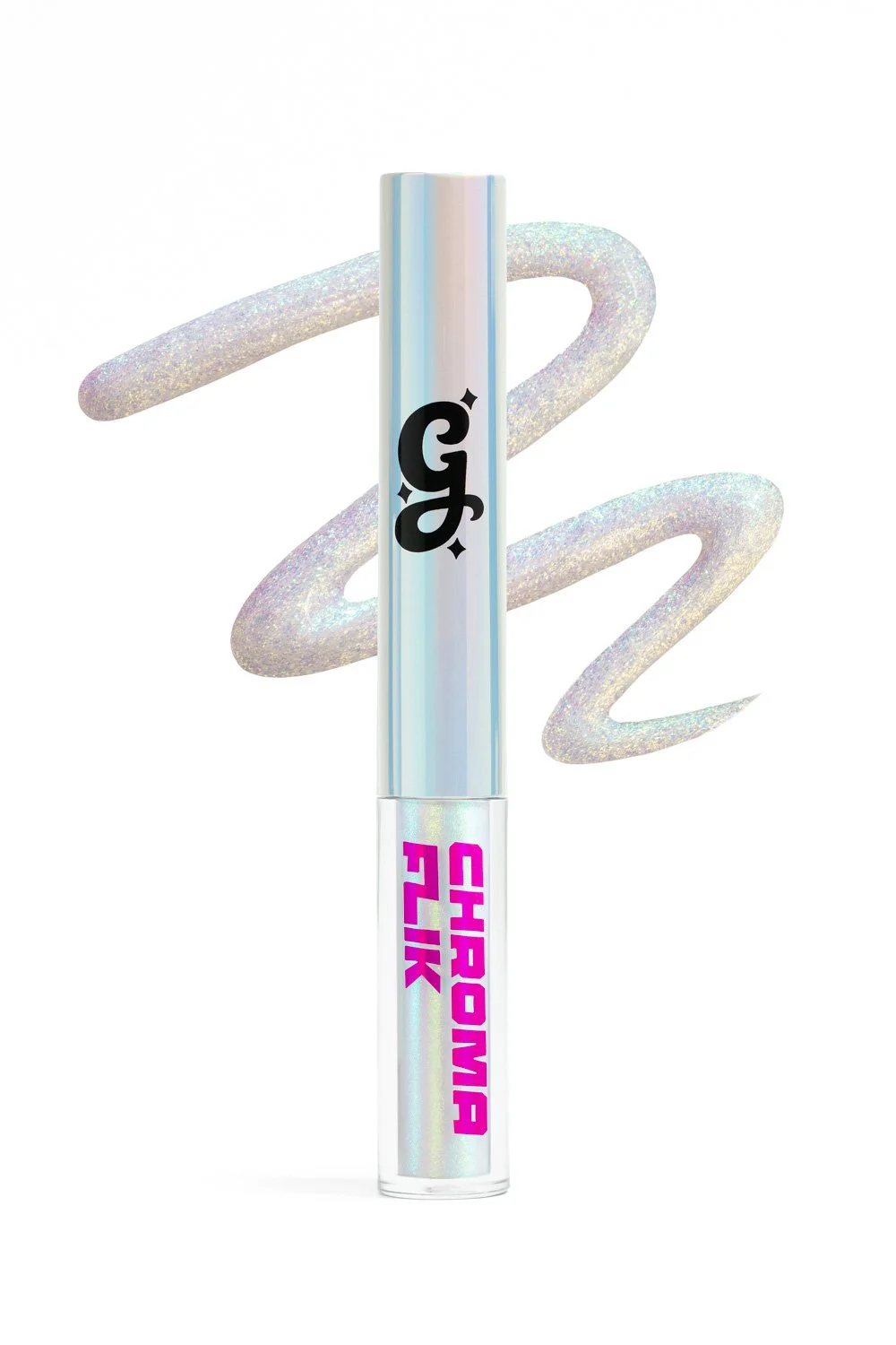 Holographic lip gloss tube with black logo and pink text reading "Chiroma Glow" standing upright, with shimmering iridescent squiggle in the background.