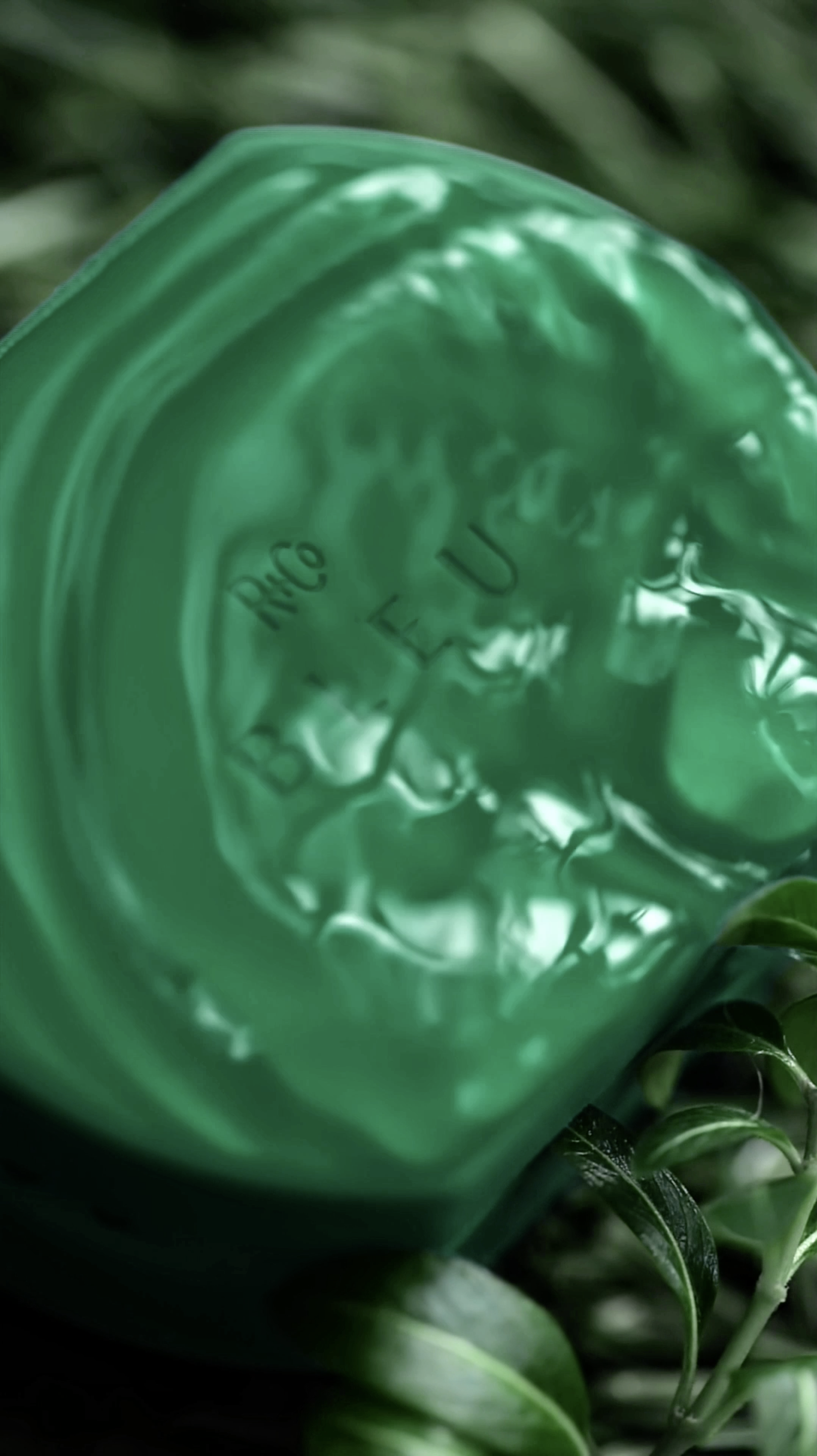 Close-up of a green plastic bottle cap with the word 'RECYCLABLE' embossed on it, surrounded by green leaves.