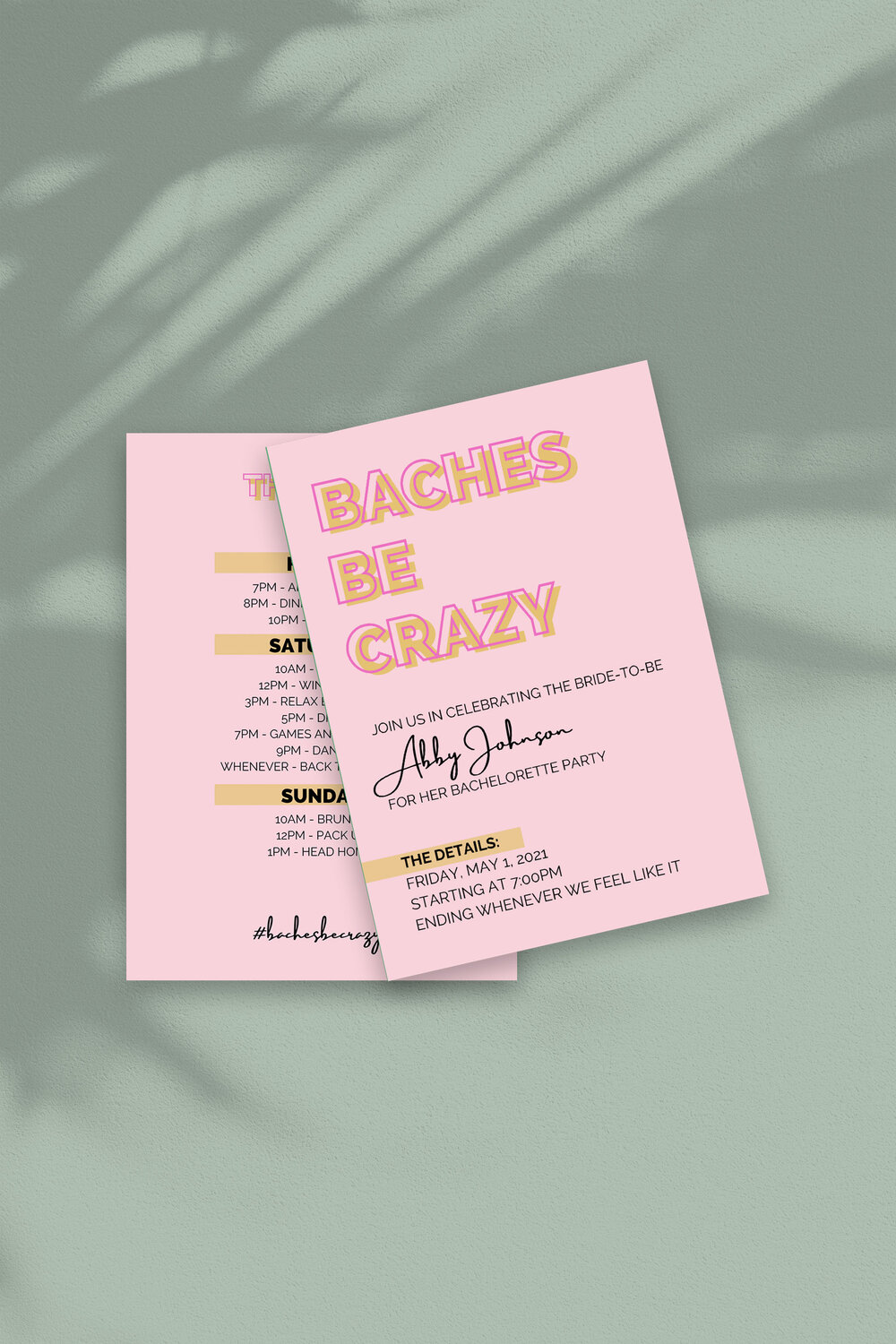 Baches Be Crazy -  Bachelorette Invite and Itinerary 5x7 Digital Template for Canva