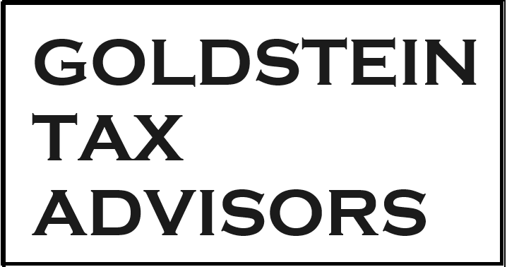 Sign displaying the words 'Goldstein Tax Advisors' in black capital letters on a white background.