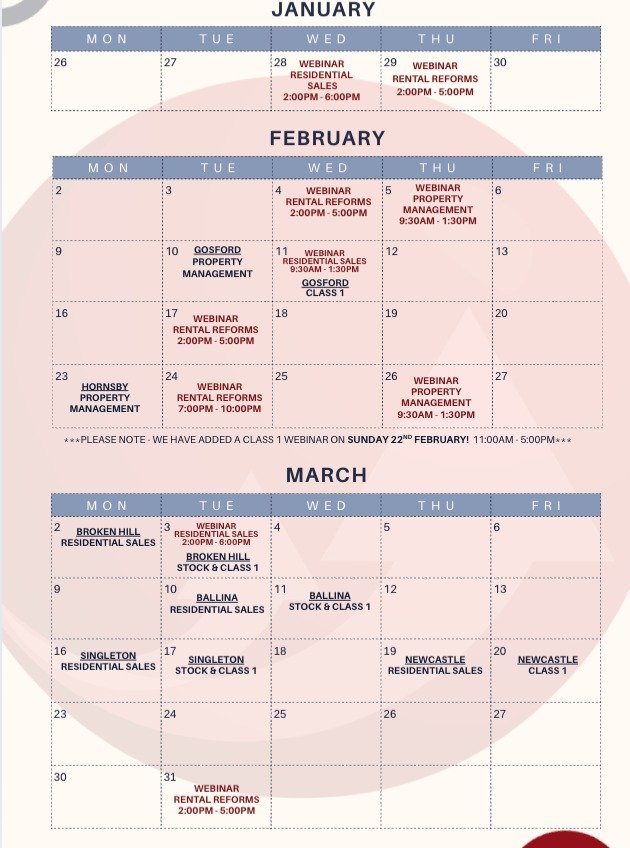 HAPPY NEW YEAR!

We have released our upcoming CPD dates.
We have multiple webinar options PLUS face to face.

Grab your diary, send us an email and secure your spot today!

EMAIL: contact@realestatetraining.com.au

#cpd #realestatetraining #webinar 