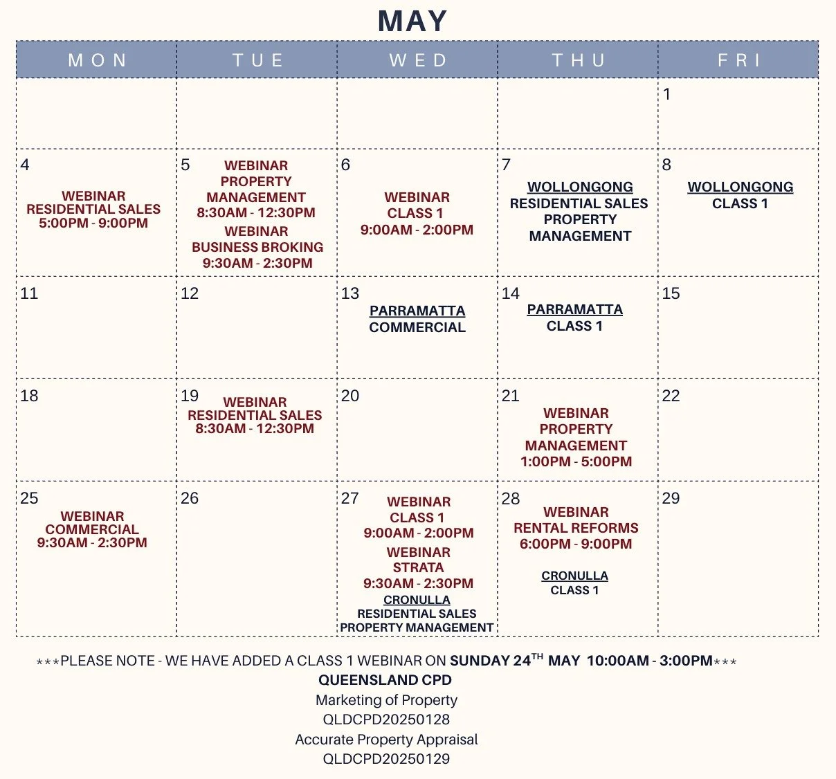 Our upcoming May Calendar!
Head to our website to secure your CPD spot today.
We have both Face to Face and Webinar options!
#cpd #realestatetraining #realestate #nsw #qld