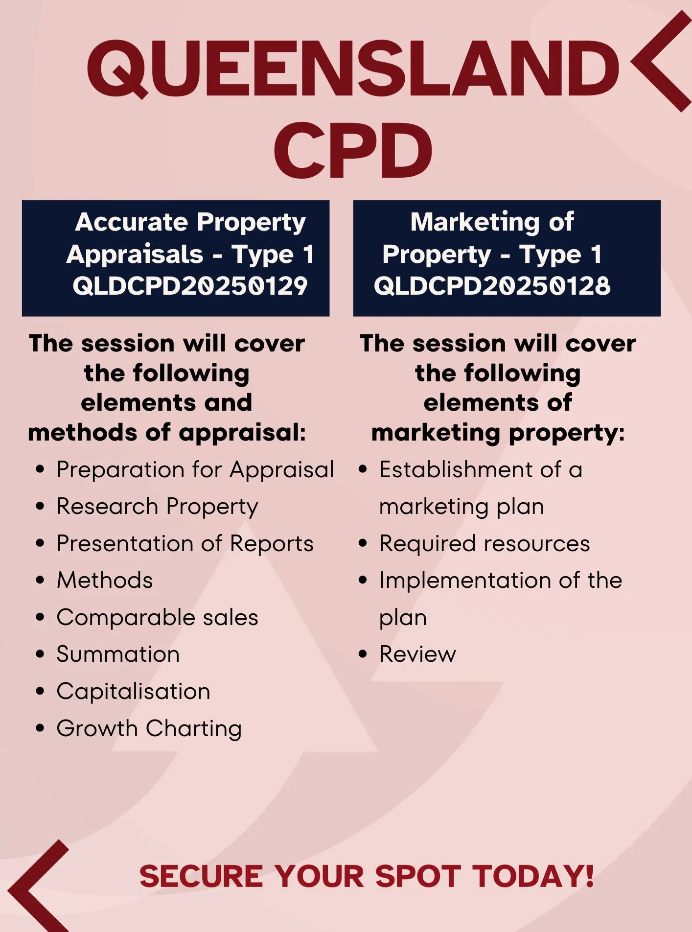QLD! We're headed your way!
Time to lock in your CPD training.
Head to our website for all of the details and to secure your place!
We are offering both Face to Face and webinar!
#cpd #queensland #qldcpd #realestate