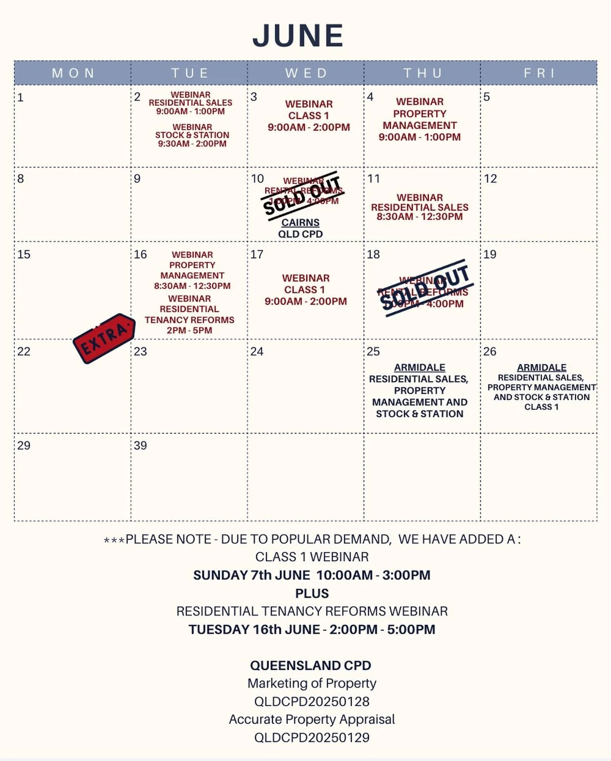NEW JUNE CLASSES ADDED!
Secure your CPD training today.
#cpd #realestate #training #nsw #qld