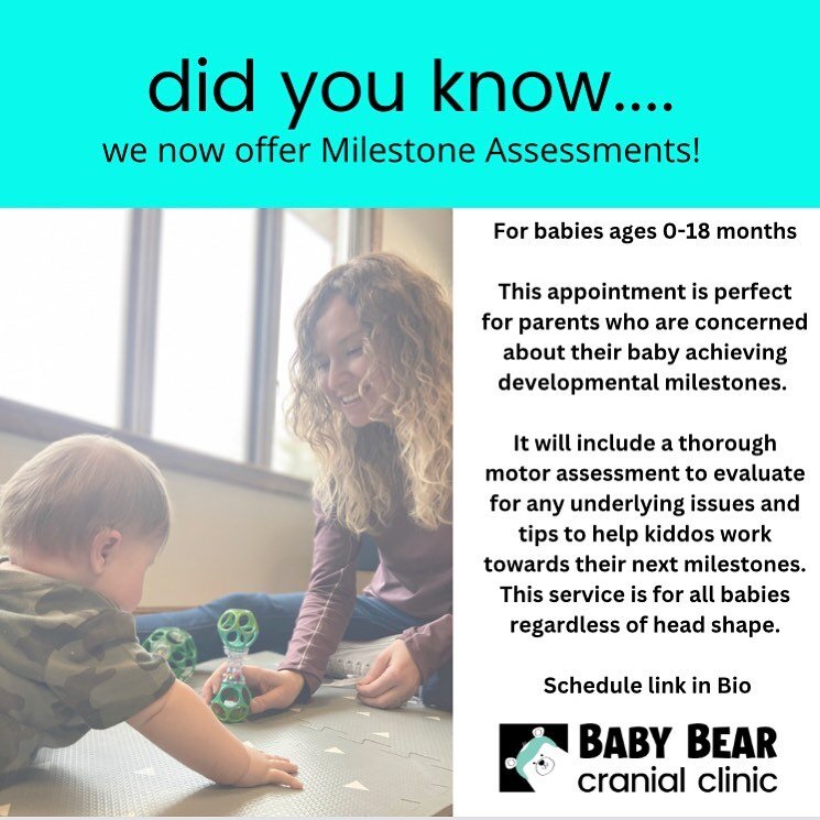 You can schedule a Milestone Assessment through our online portal- link in BIO, or click here to learn about all of our services: https://www.babybearcranialclinic.com/services-6-1.  #babybearcranialclinic

#helmethair #newmom #wimoms 
#babybearcrani