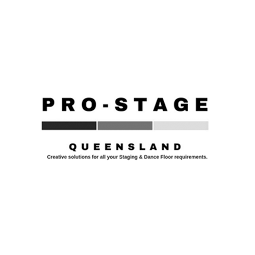 Logo for Pro-Stage Queensland with a progress bar and tagline about staging and dance flooring solutions.
