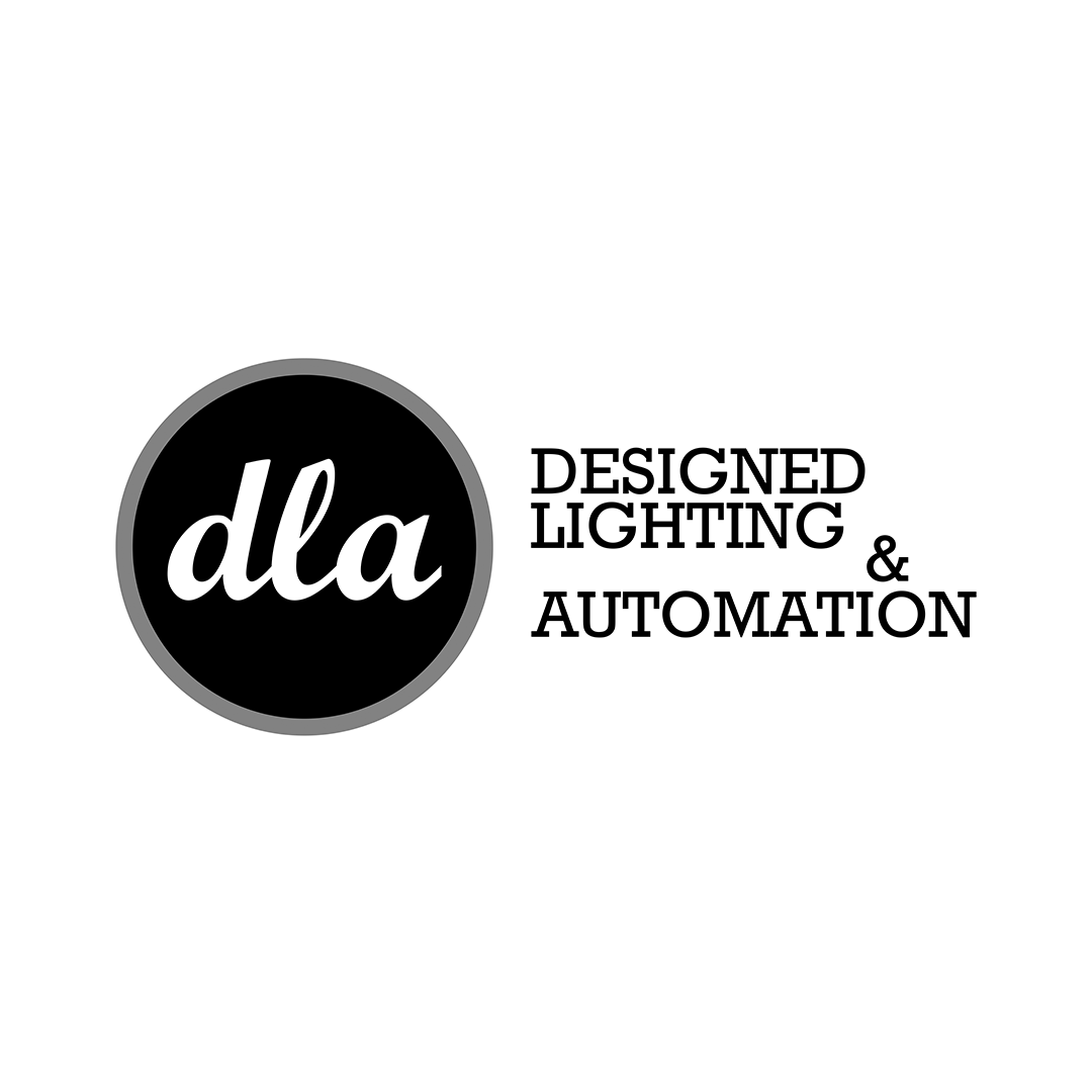 Logo with black circle and white cursive 'dla' in a gray outlined circle; beside it, text says 'DESIGNED LIGHTING & AUTOMATION' in black capital letters.
