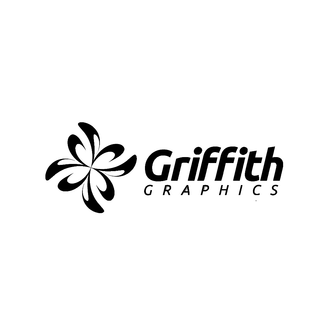 Black and white logo for Griffith Graphics featuring a stylized flower and the company name in bold and italicized text.