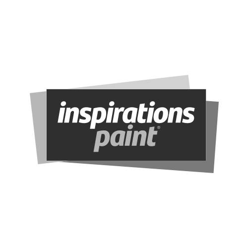 Inspirations Paint logo with overlapping rectangular shapes in gray, black, and dark gray.
