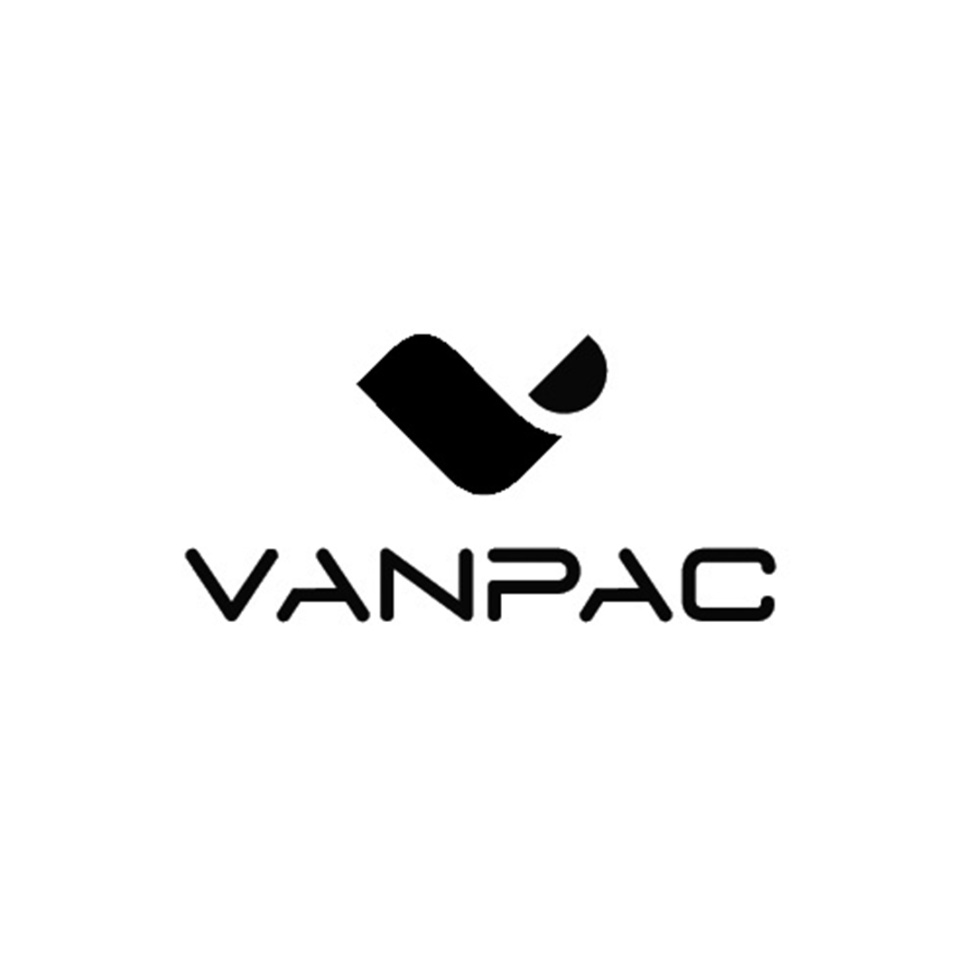 Black and white logo with a stylized geometric shape above the word "VANPAC" in modern font.
