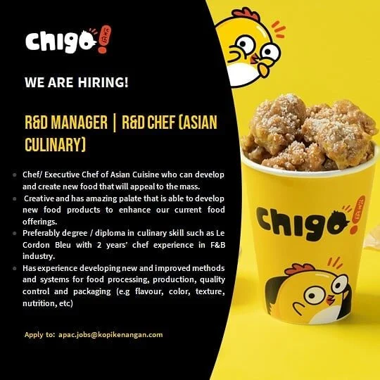 Are you a Chef / Executive Chef with an amazing palate and is innovative in coming up with new flavors to offer to our consumer.  As a R&amp;D Manager, you will champion and develop new food offerings that is aligned to our branding.  If this sound l