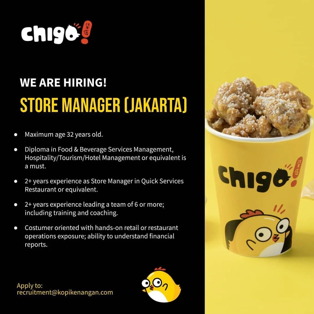 [LOWONGAN KERJA JAKARTA]

Hi, teman #chigo ! &hearts;️
Chigo membuka kesempatan untuk kalian semua yang ingin menjadi Teman #chigo untuk posisi Store Manager untuk lokasi Jakarta.

Kamu bisa kirimkan dokumen dibawah ini:
1. CV
2. Foto copy KTP
3. Fot