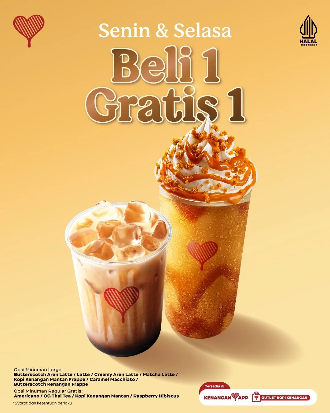 Gas jajan hari ini 💨 Lebih HEMAT ada promo GRATIS 1* minuman setiap Senin &amp; Selasa!

Nikmati promonya setiap beli 1 minuman Large via aplikasi Kopi Kenangan/langsung di outlet, dan beli 2 minuman Large via online food delivery favoritmu.

Berlak