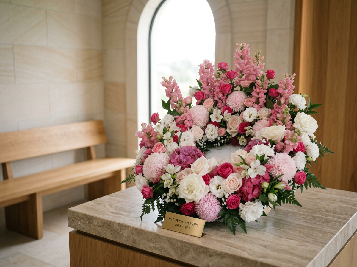 Pink and white funeral flowers designed to surround an urn