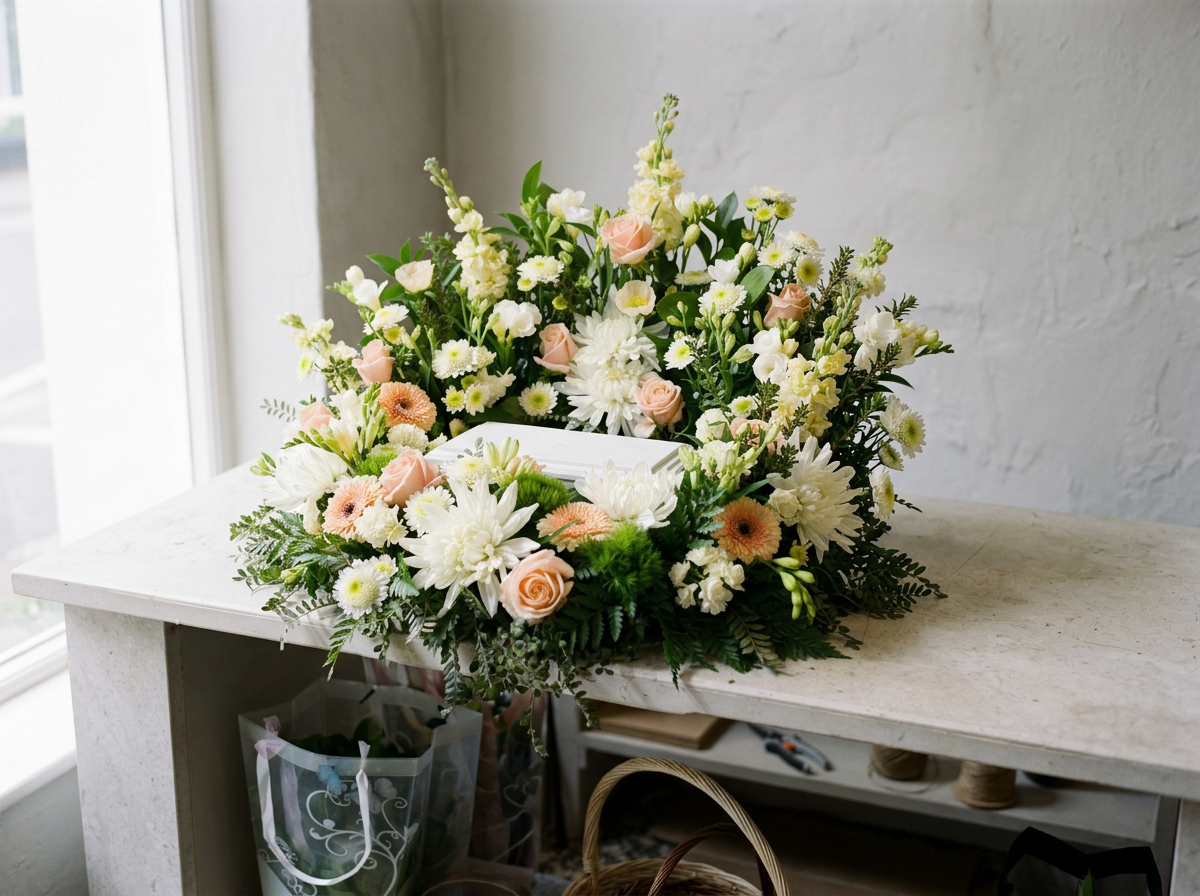 Soft peach, white and green memorial urn flower arrangement