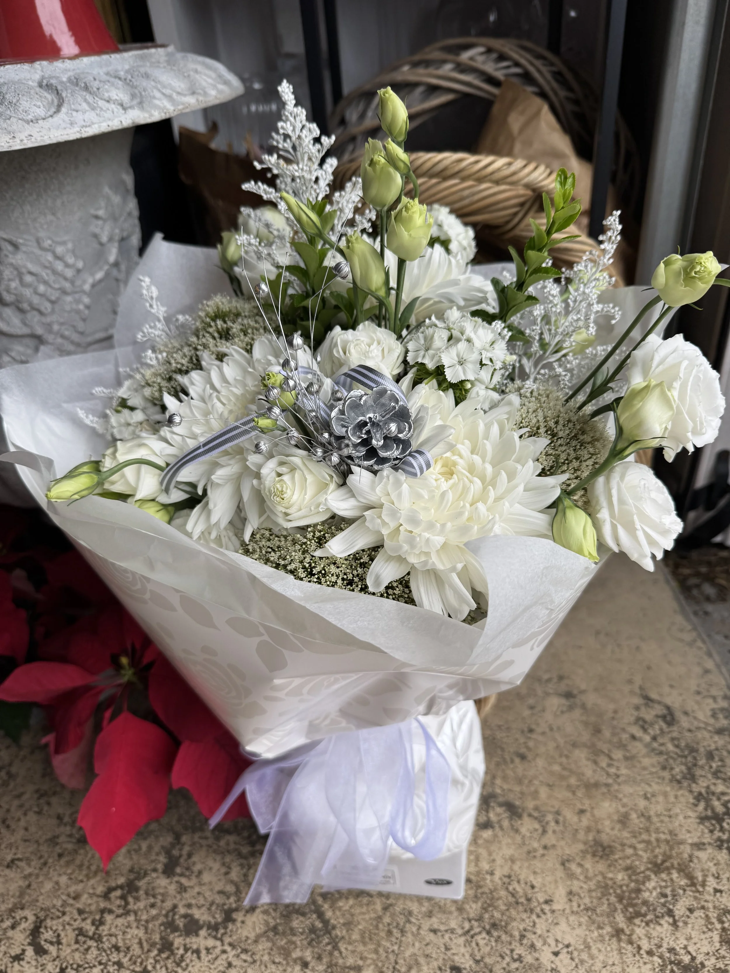 IDreaming of a White Christmas bouquet featuring elegant white flowers with silver accents, handcrafted by an Auckland florist delivering to Takanini, Manurewa and Papakura.jpeg