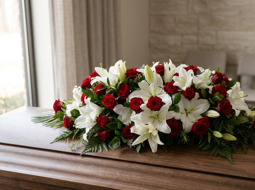 Classic Red Rose & White Lily Casket Spray