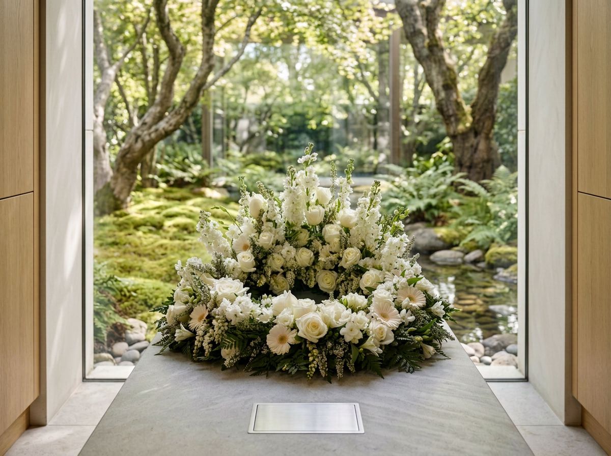 White and green Circle of Life memorial urn flower tribute.png