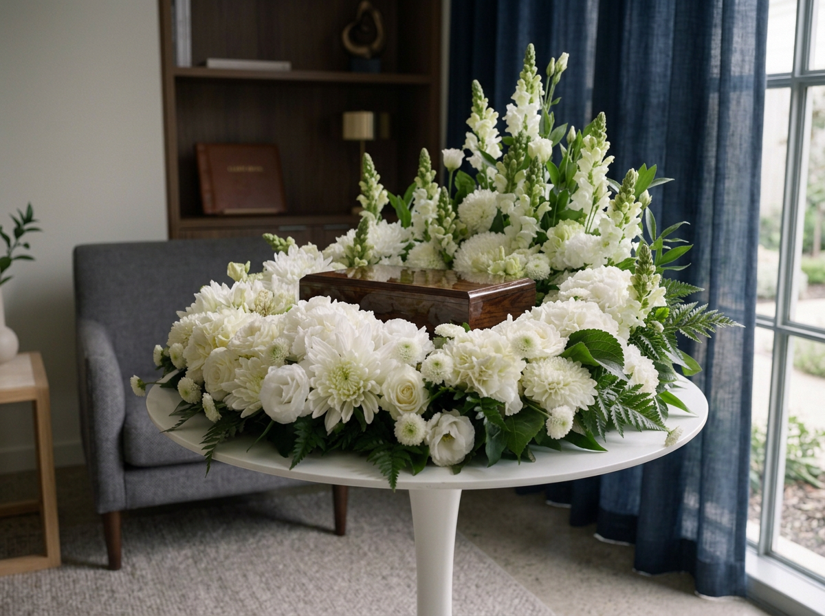 Elegant white and green floral urn tribute for a funeral service