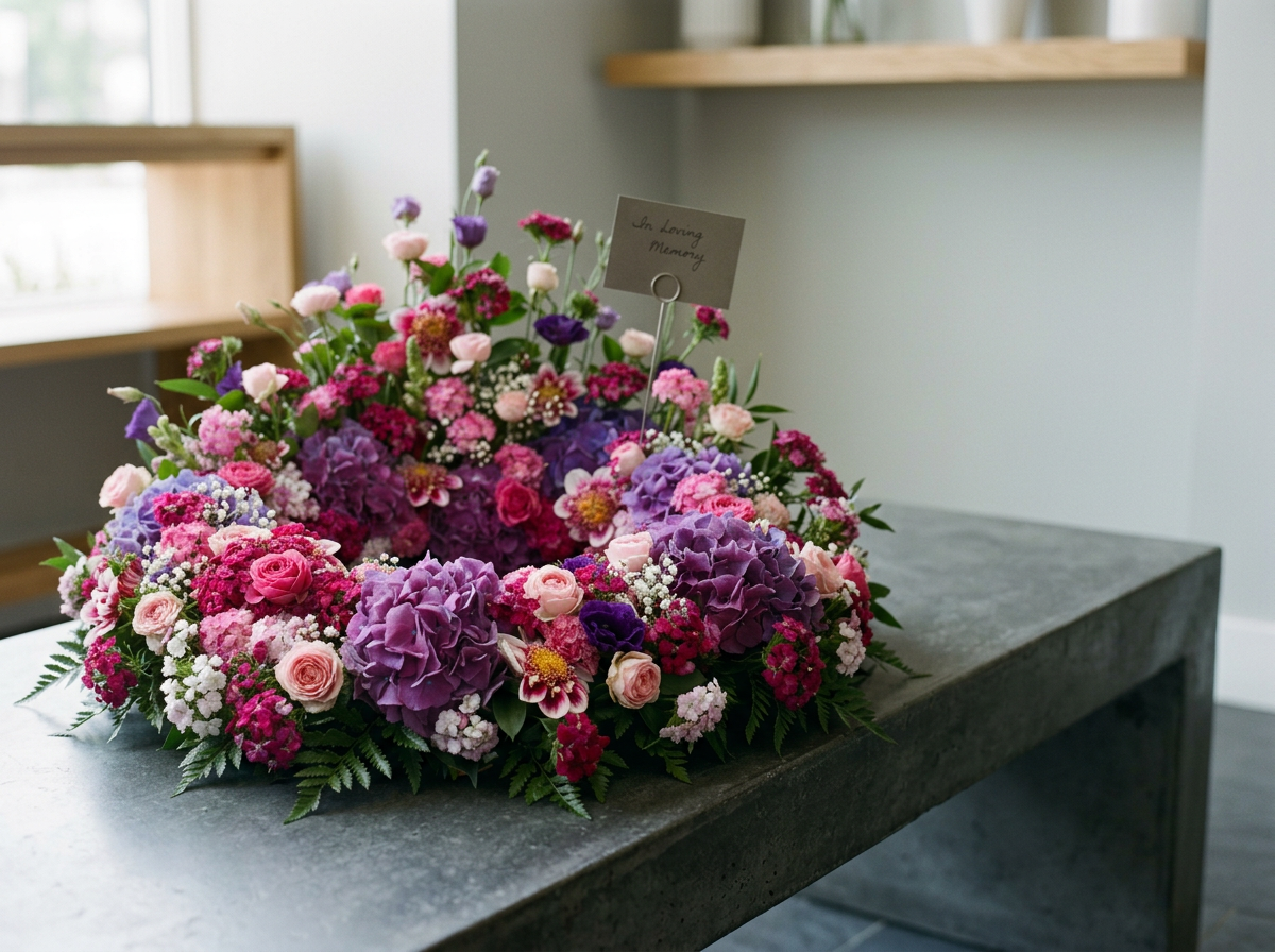 Bright pink and purple floral urn tribute for a celebration of life