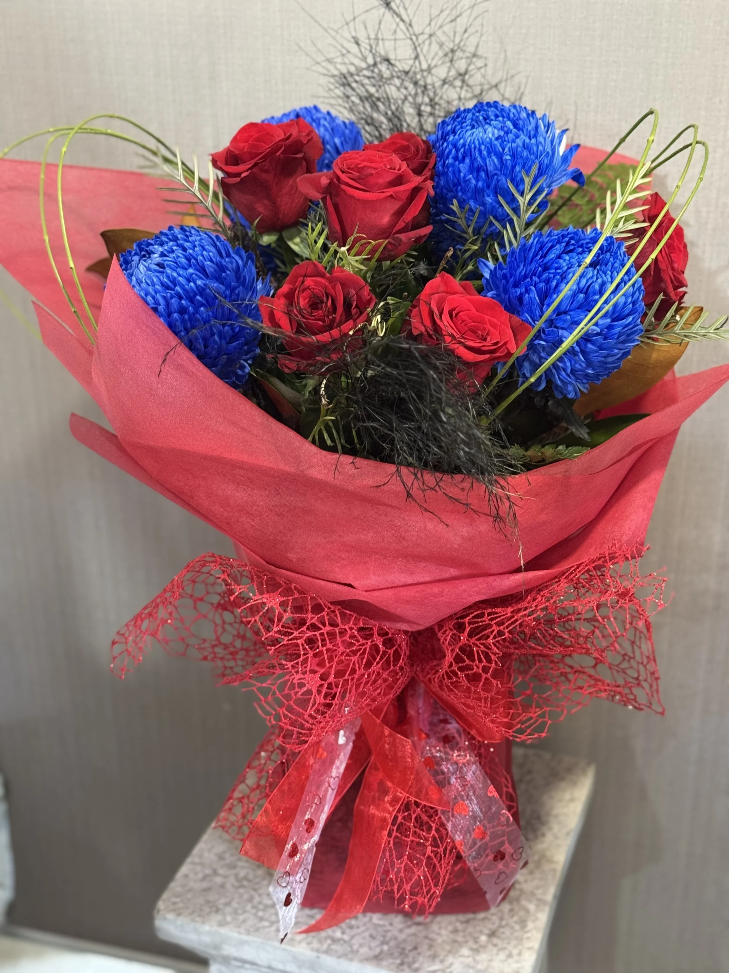 Blue Chyrsanthemums and Red Roses