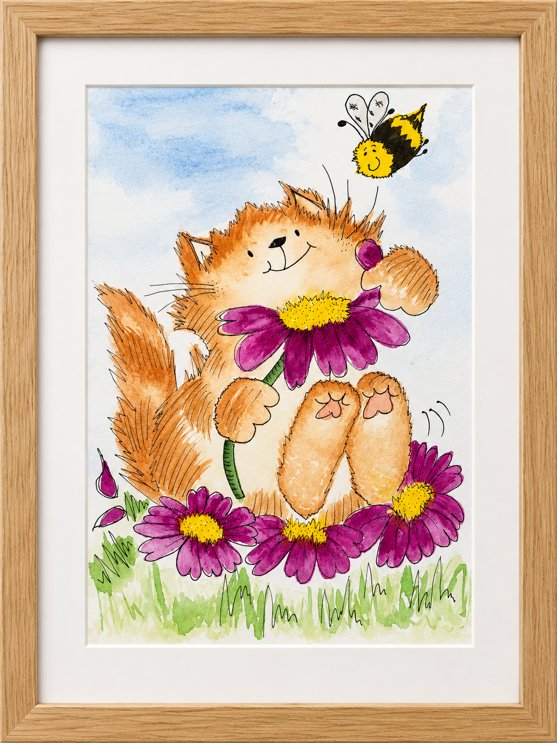 Cat & Bee Watercolour Print
