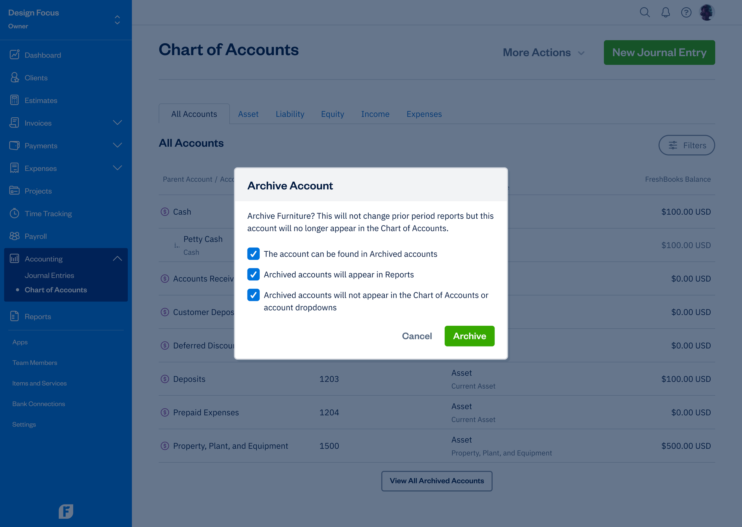 Chart of Accounts - Archive Account