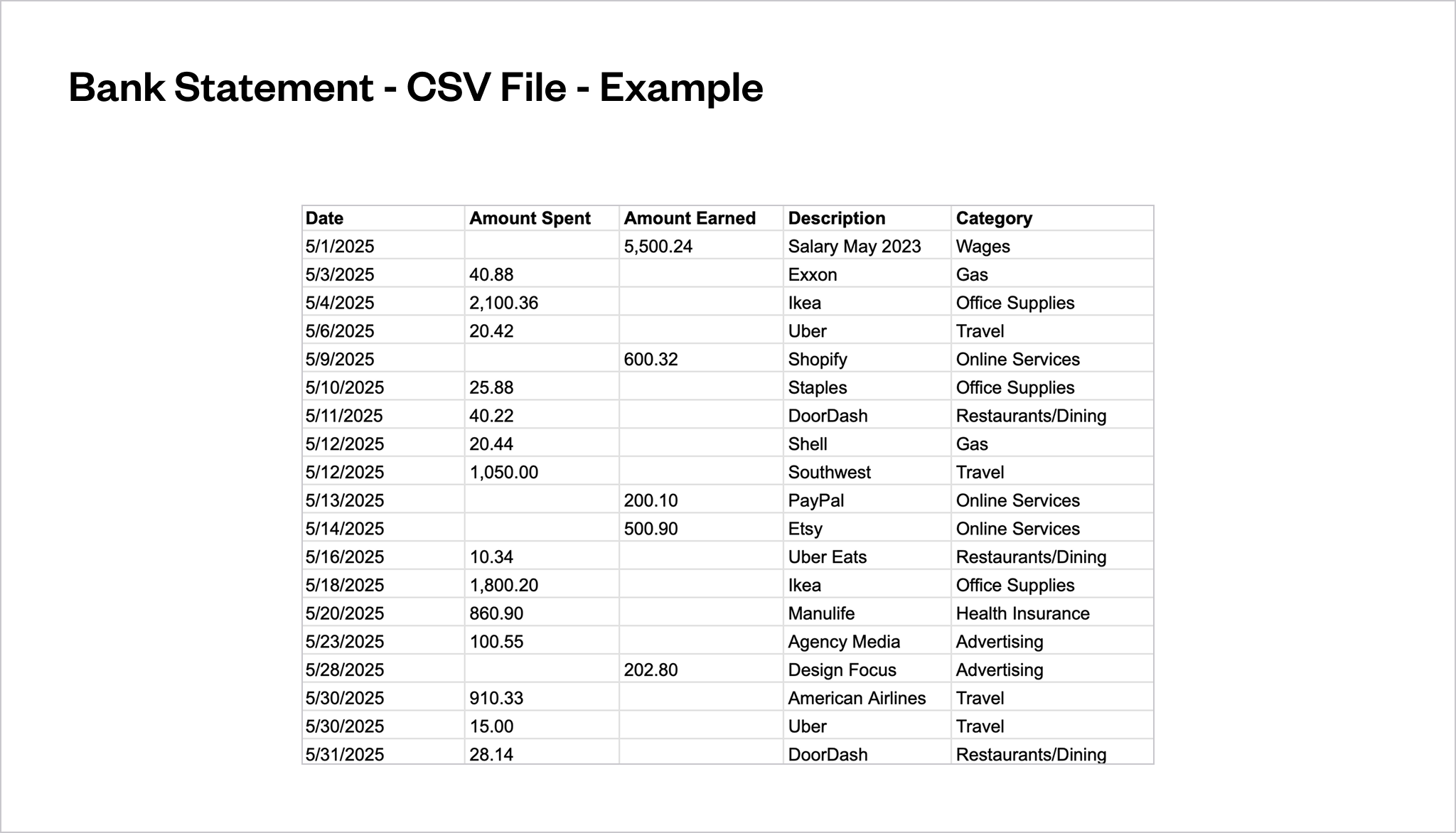 Bank Statement - CSV File - Example