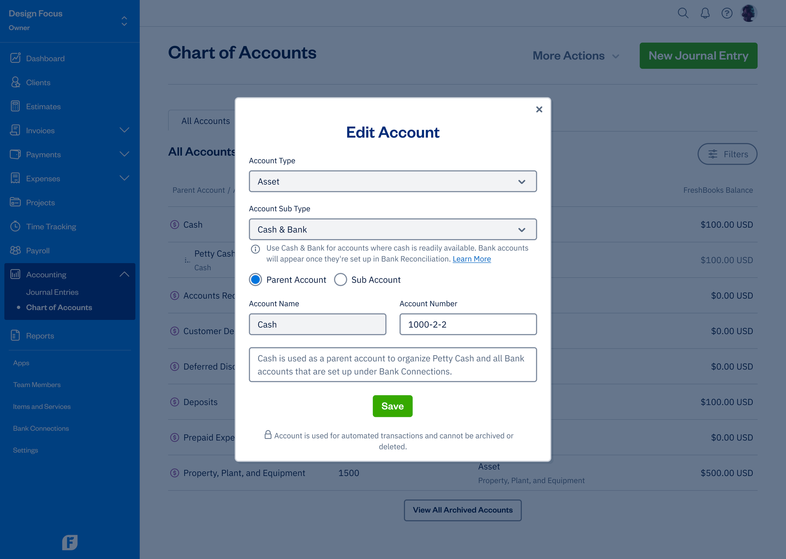 Chart of Accounts - Edit Account