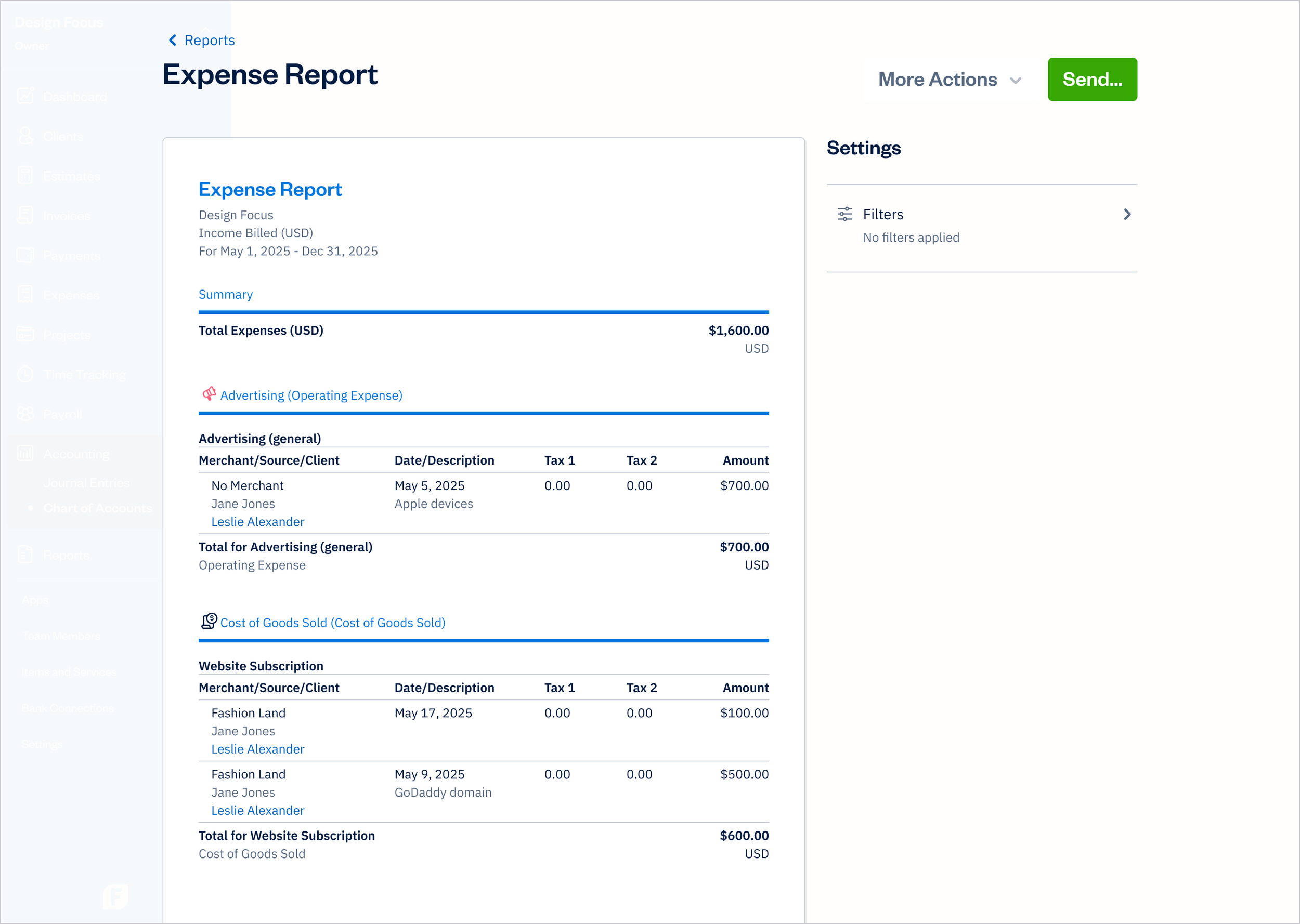Chart of Accounts - Expense Report