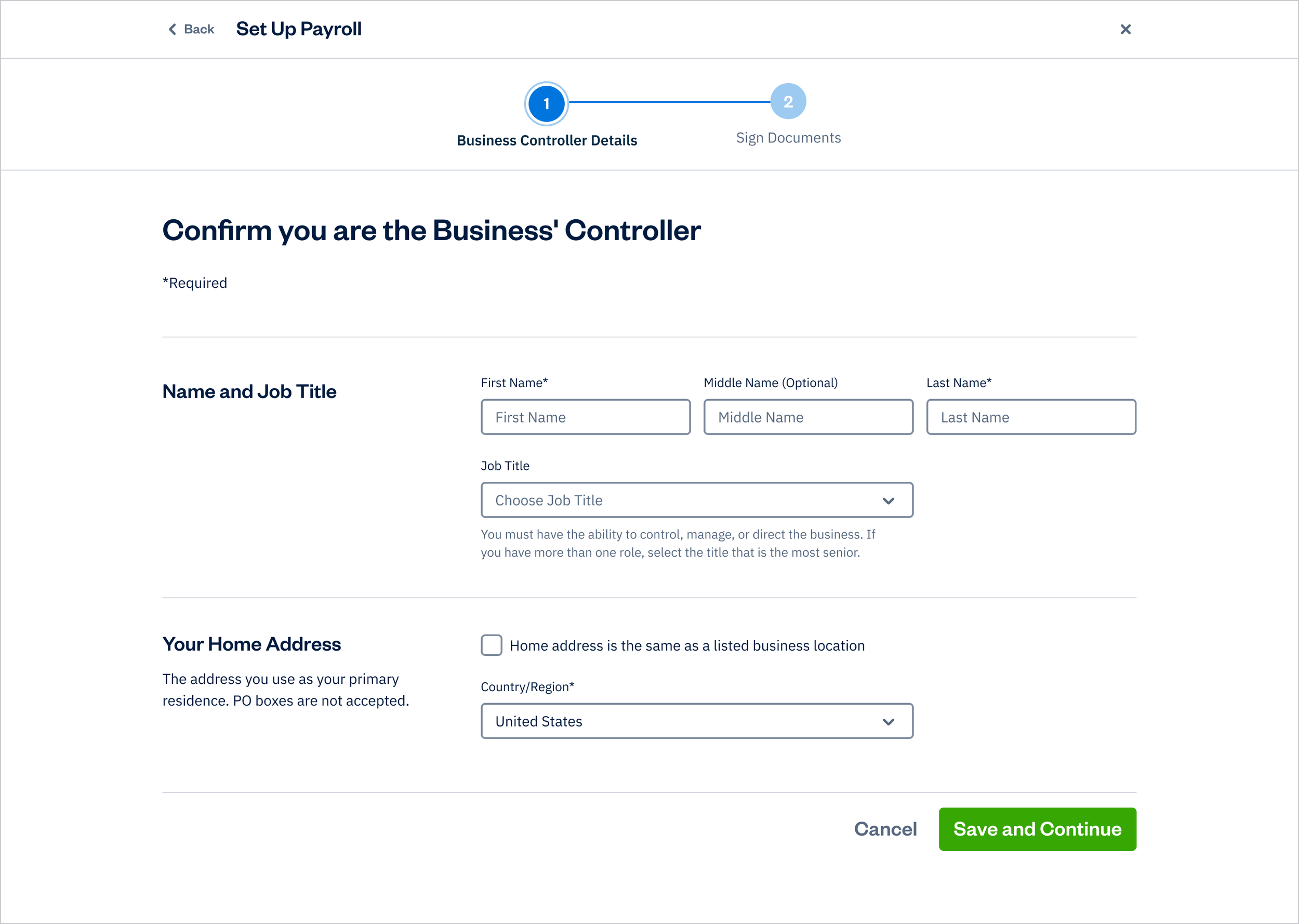 Set Up Payroll - Step 5: Business Controller Details