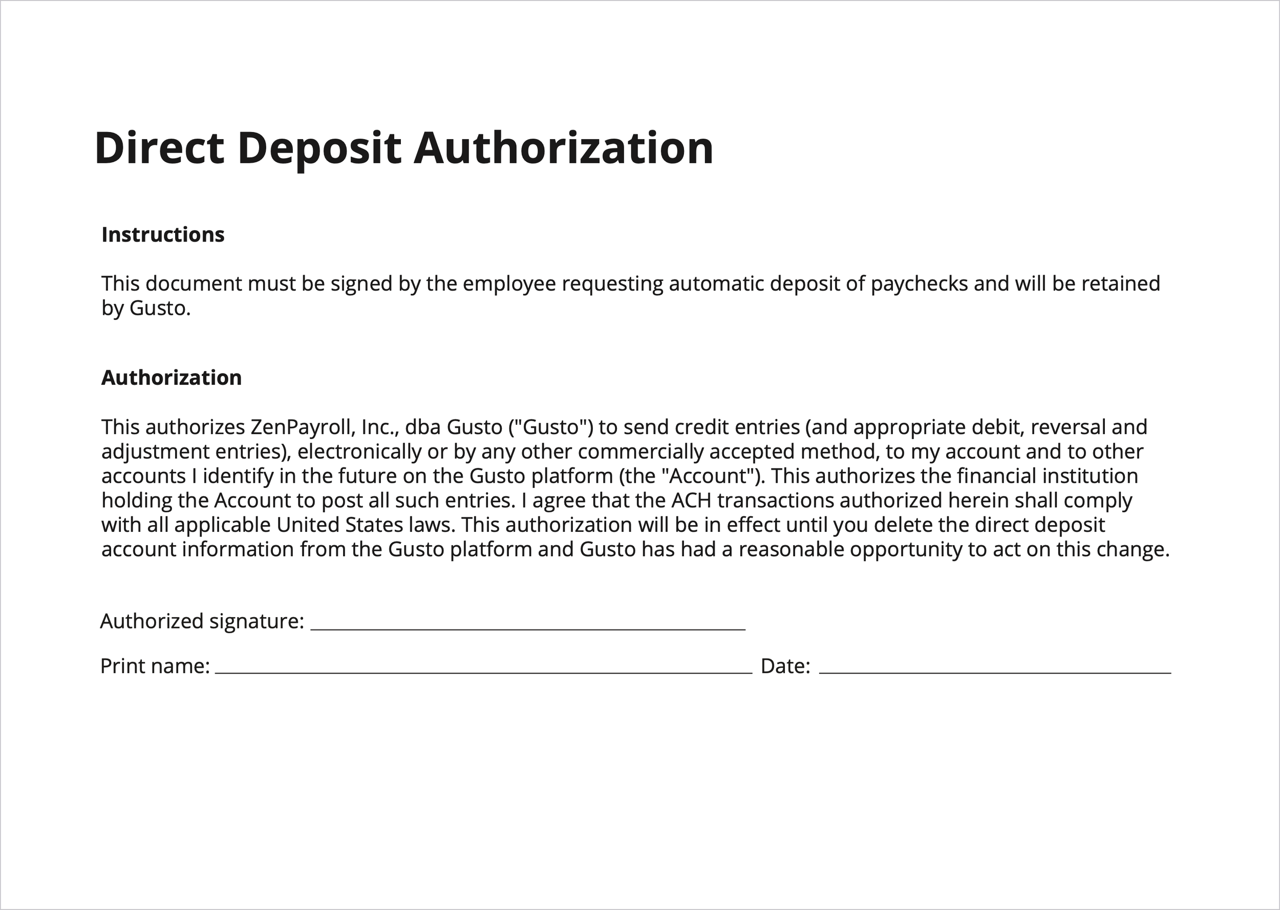 Payroll - Direct Deposit Authorization